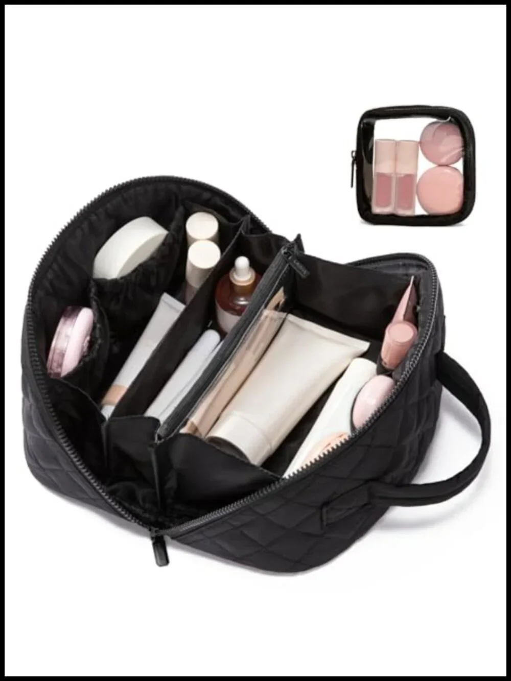 2Pcs Puffer Cosmetic Organizer Bag Set with Brush Compartment